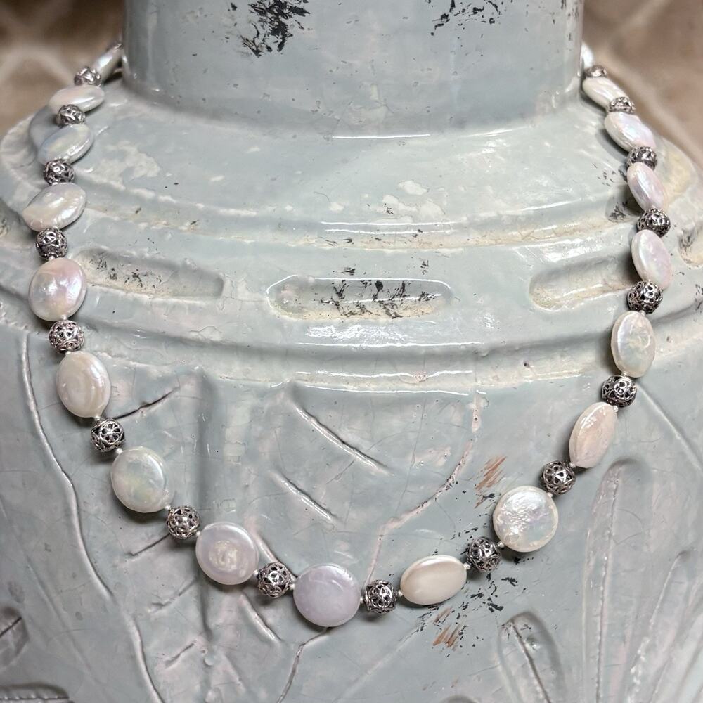 Sterling Silver, Coin Pearls and Unique Sterling Silver Beads w/ Twig Clasp